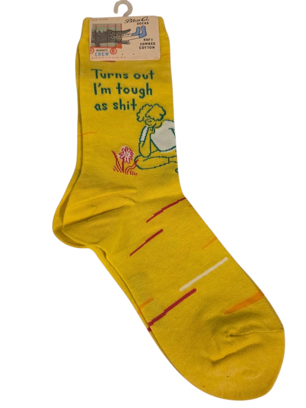 Blue Q Yellow Novelty Crew Socks with Green and Pink Accents